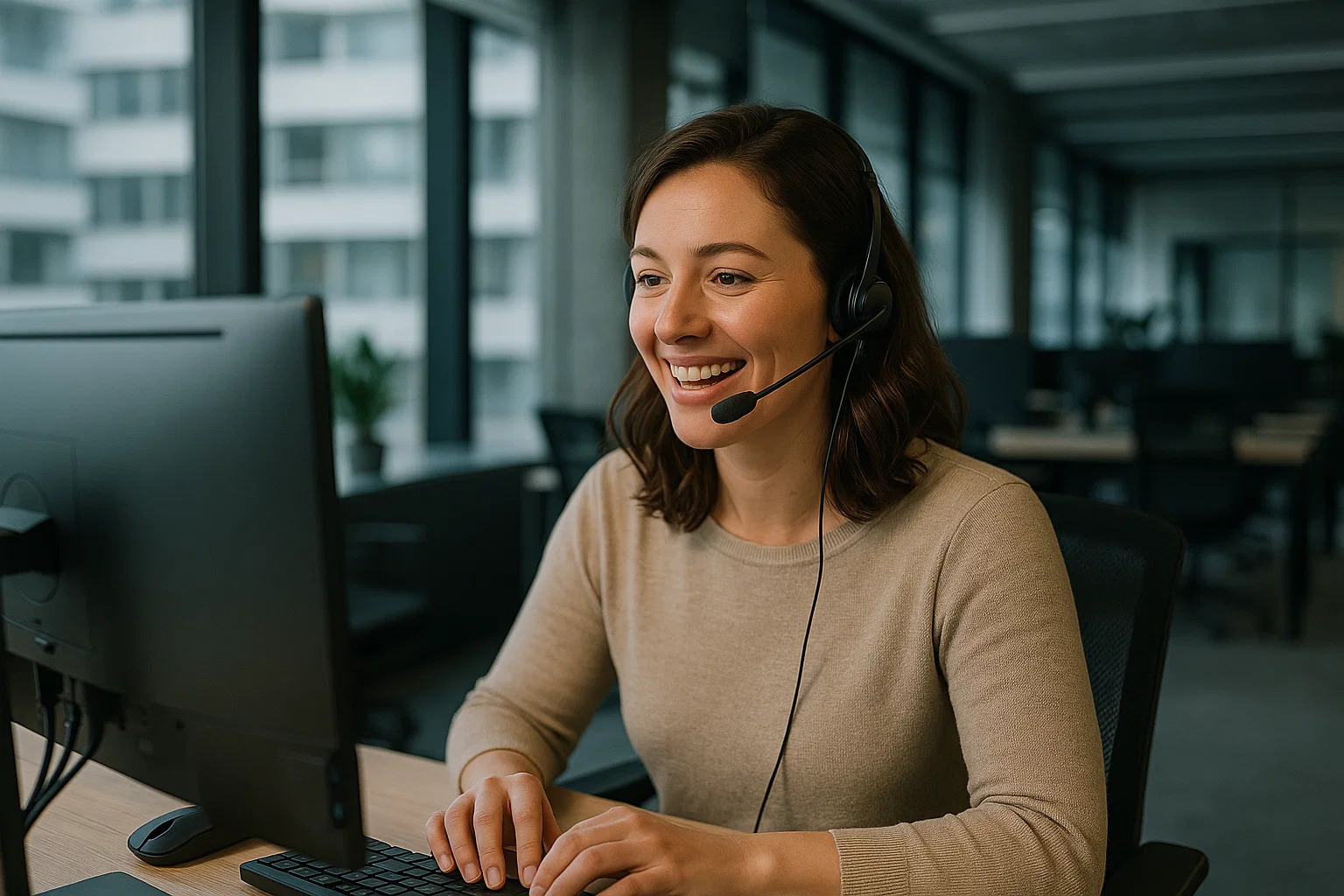 Professional customer service representative with headset providing dedicated support in modern office environment